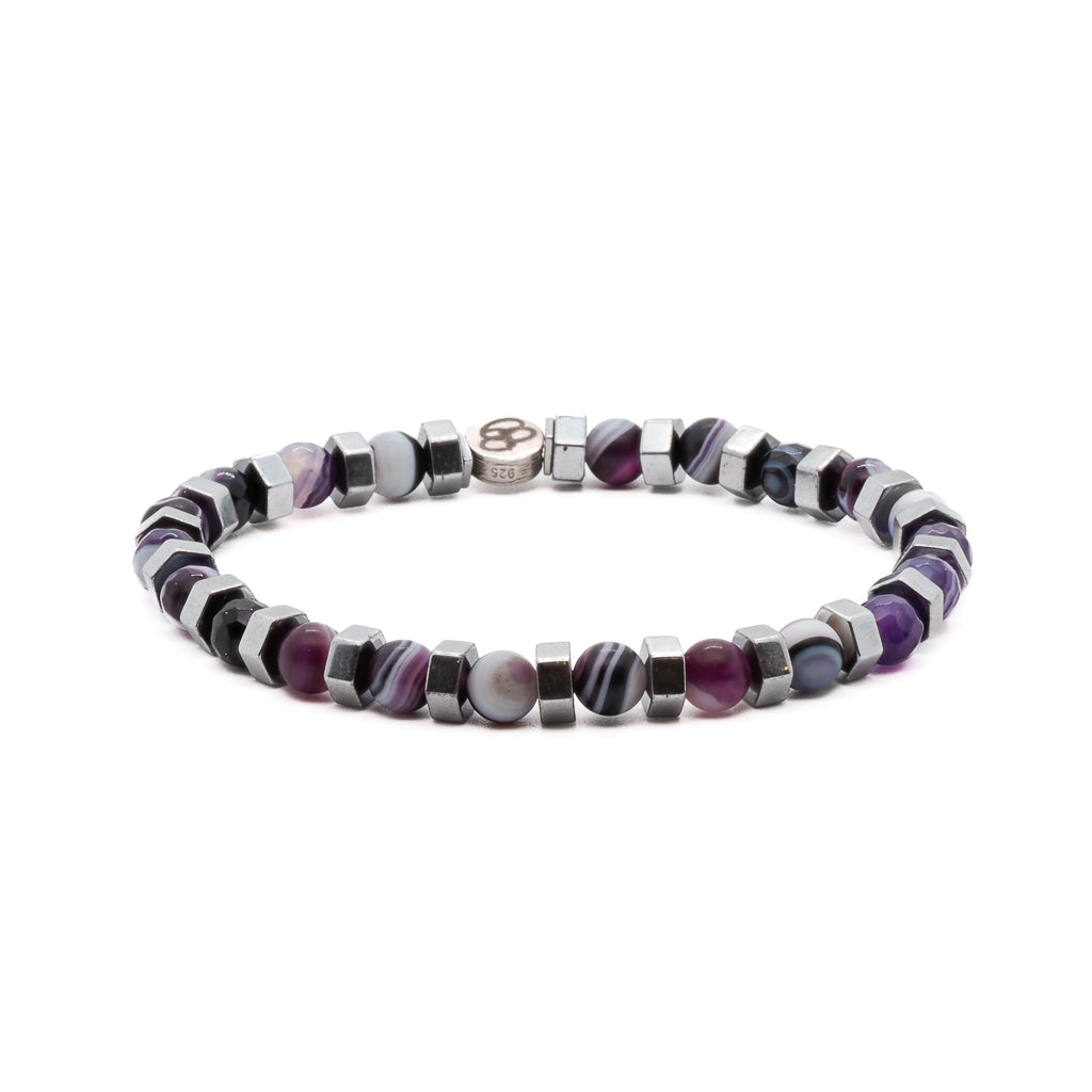 Agate Aura Bracelet with purple agate stone beads and silver hematite stone beads