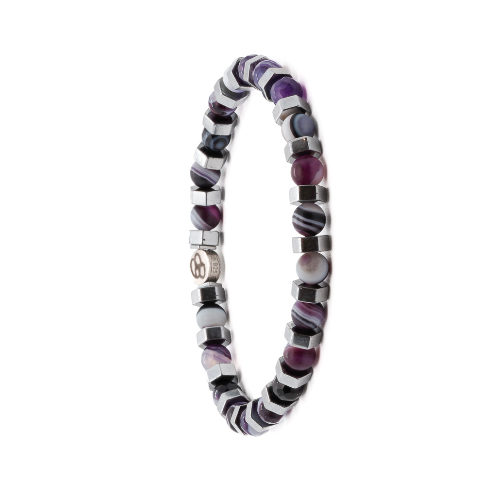 Handcrafted Agate Aura Bracelet with 7mm purple agate stone beads and silver nugget hematite beads, handmade in the USA