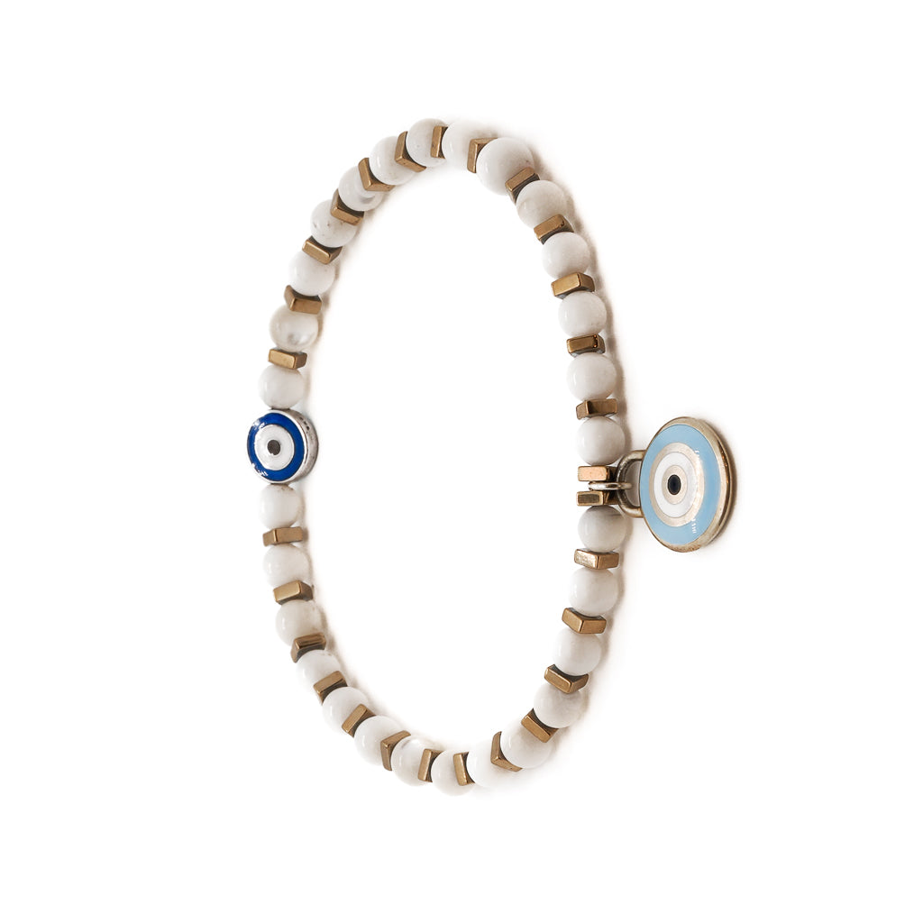 Stylish Agate Evil Eye Anklet; white agate and gold hematite beads with turquoise and blue sterling silver evil eye bead