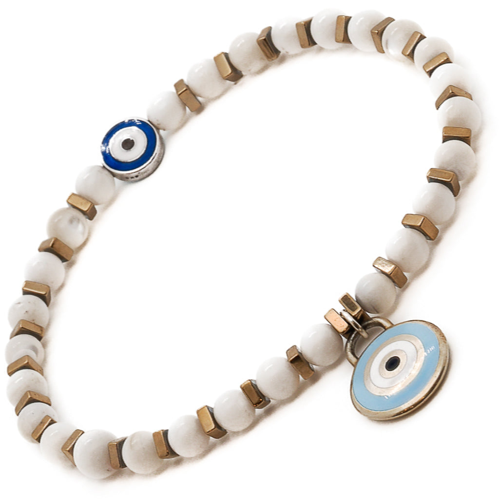 Healing Agate Evil Eye Anklet; handmade with white agate beads and gold hematite spacers