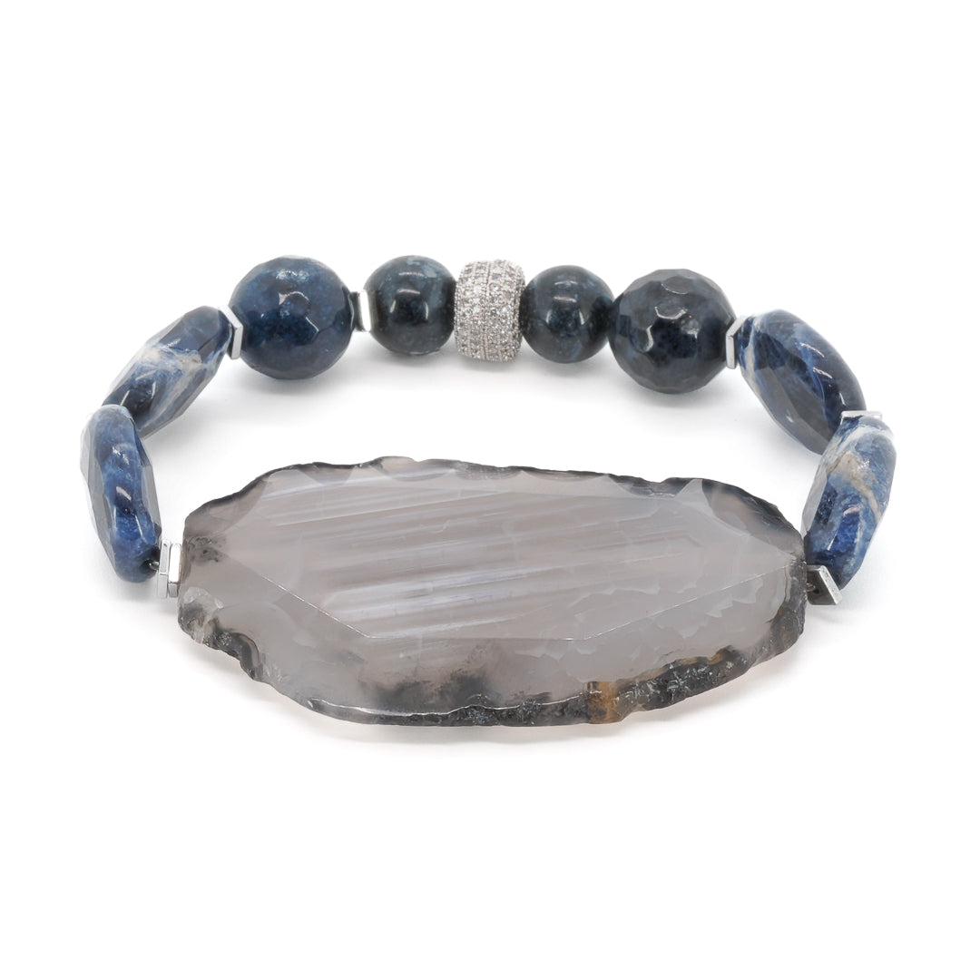 Agate Spiritual Balance Bracelet; a beautiful and meaningful accessory designed to bring balance and harmony to your life, featuring chunky agate stones, smooth sodalite stones, and Swarovski crystals.