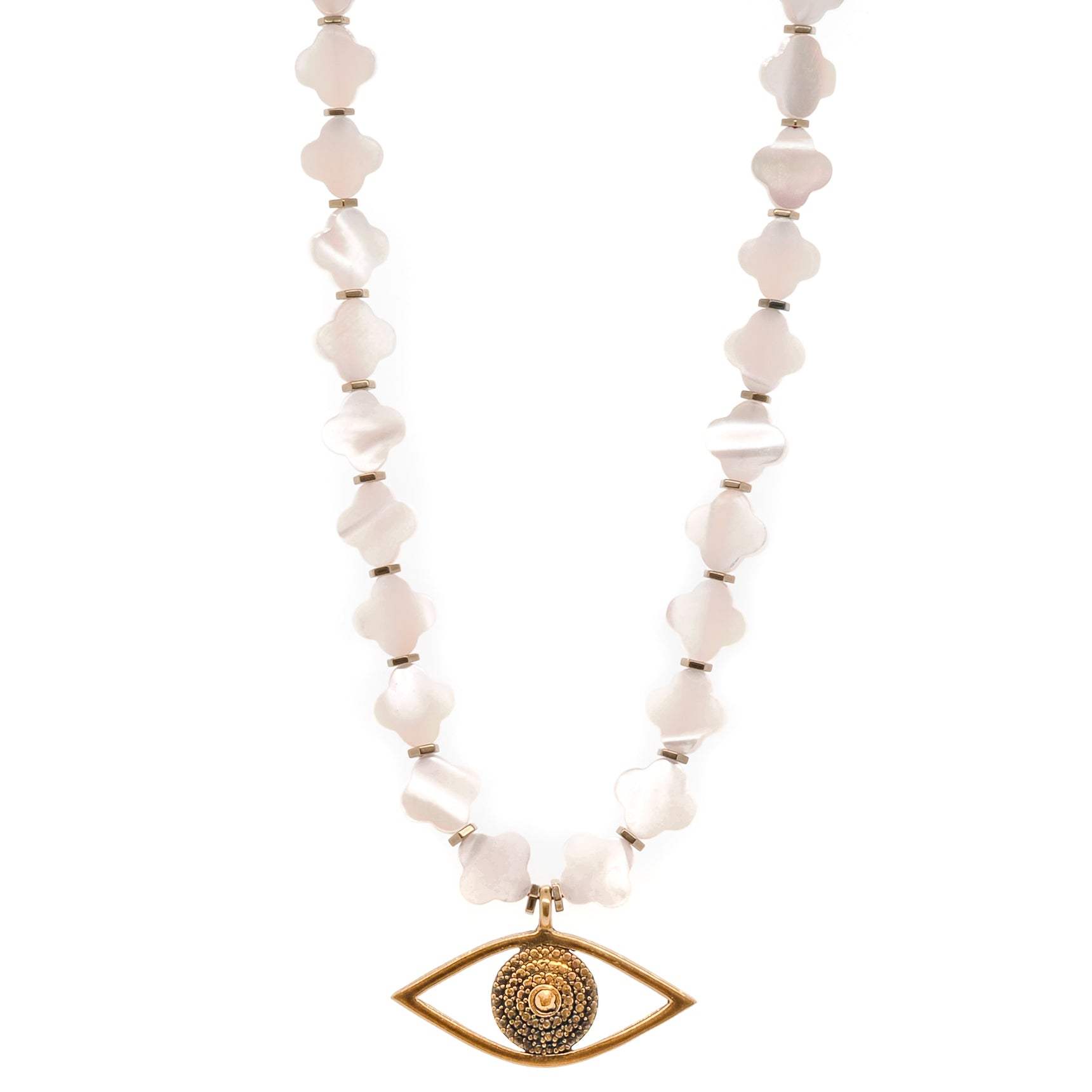 Alhambra Evil Eye Choker Necklace with beautiful pearl Alhambra flower beads and stunning gold plated Evil Eye Pendant for protection and good luck.