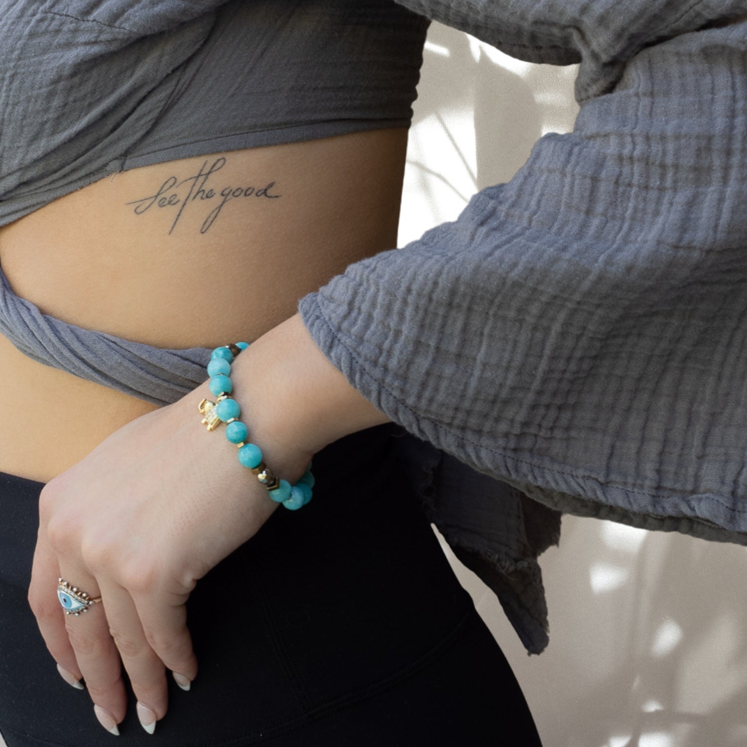 Experience the beauty and energy of our Amazonite Lucky Elephant Bracelet, as modeled by our gorgeous model
