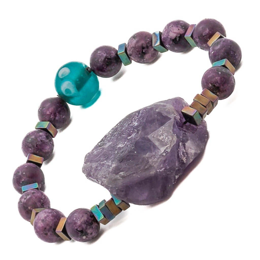 One-of-a-kind raw amethyst crystal rough nugget bead on this bracelet