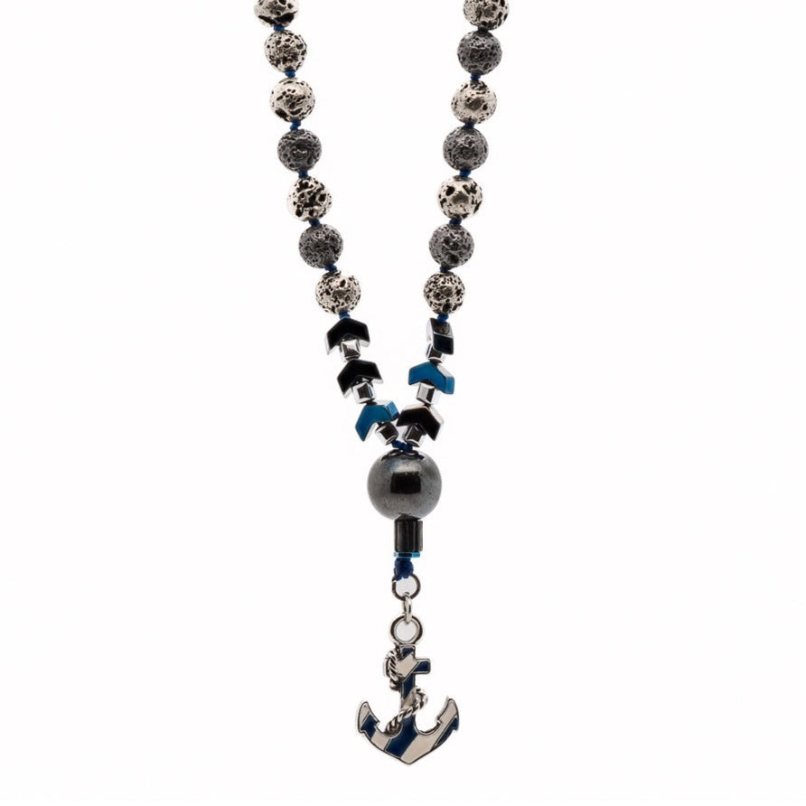 Hematite and Lava Rock Stone Necklace with Anchor Pendant