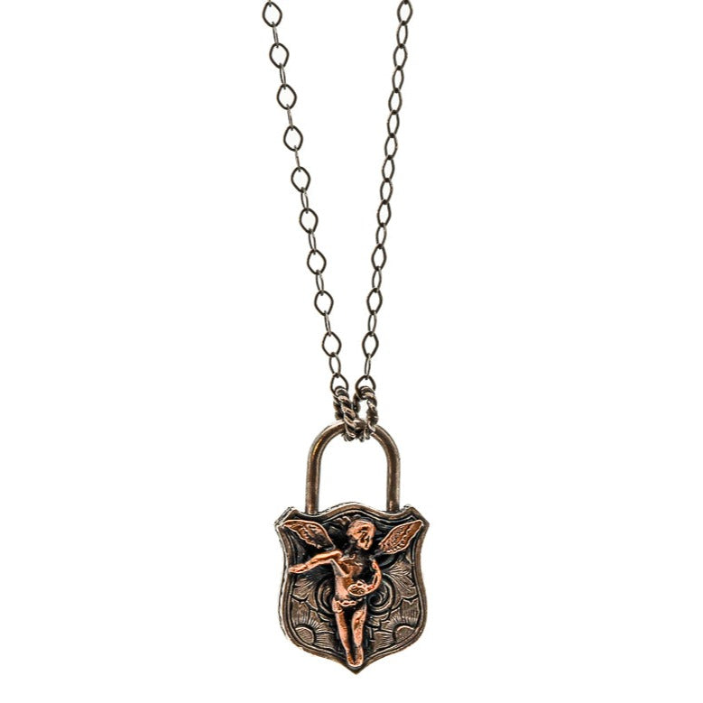 Protective and Stylish: The Angel Lock Necklace with a handmade silver lock pendant and bronze angel charm