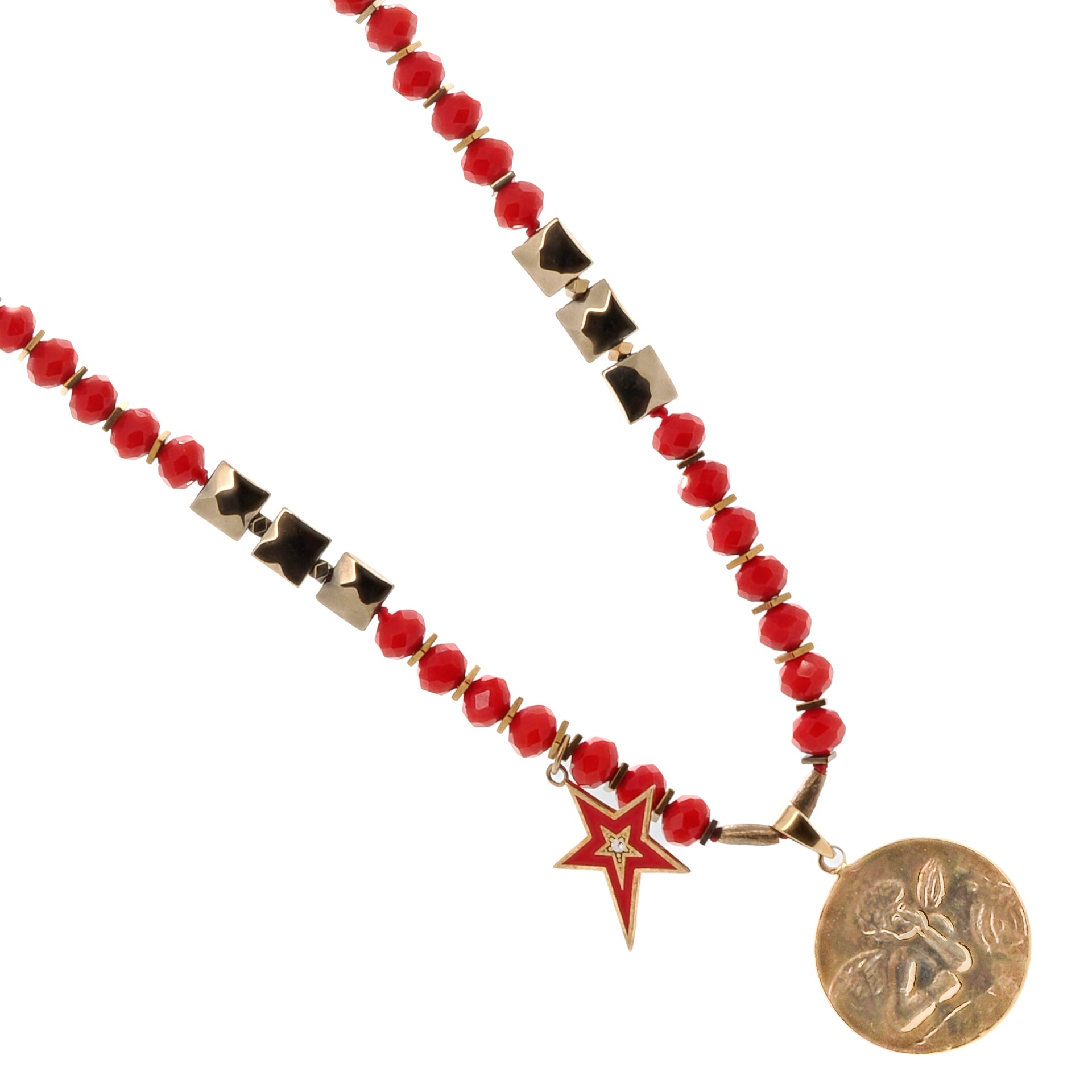 Red crystal beads and gold accents make the Angel Protector Necklace a unique and stylish accessory