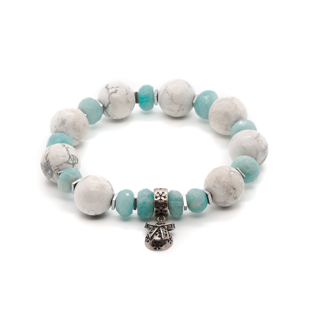 Close-up of aquamarine stone beads and silver spacers on the Aquamarine Christmas Bracelet