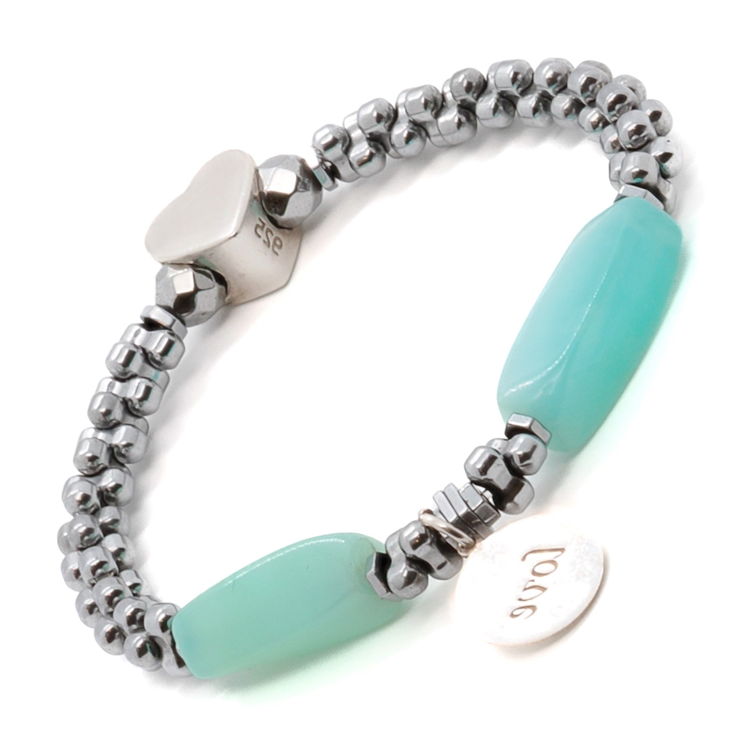 Aquamarine Cylinder Beads Bracelet with Love Charm and Hematite Spacers