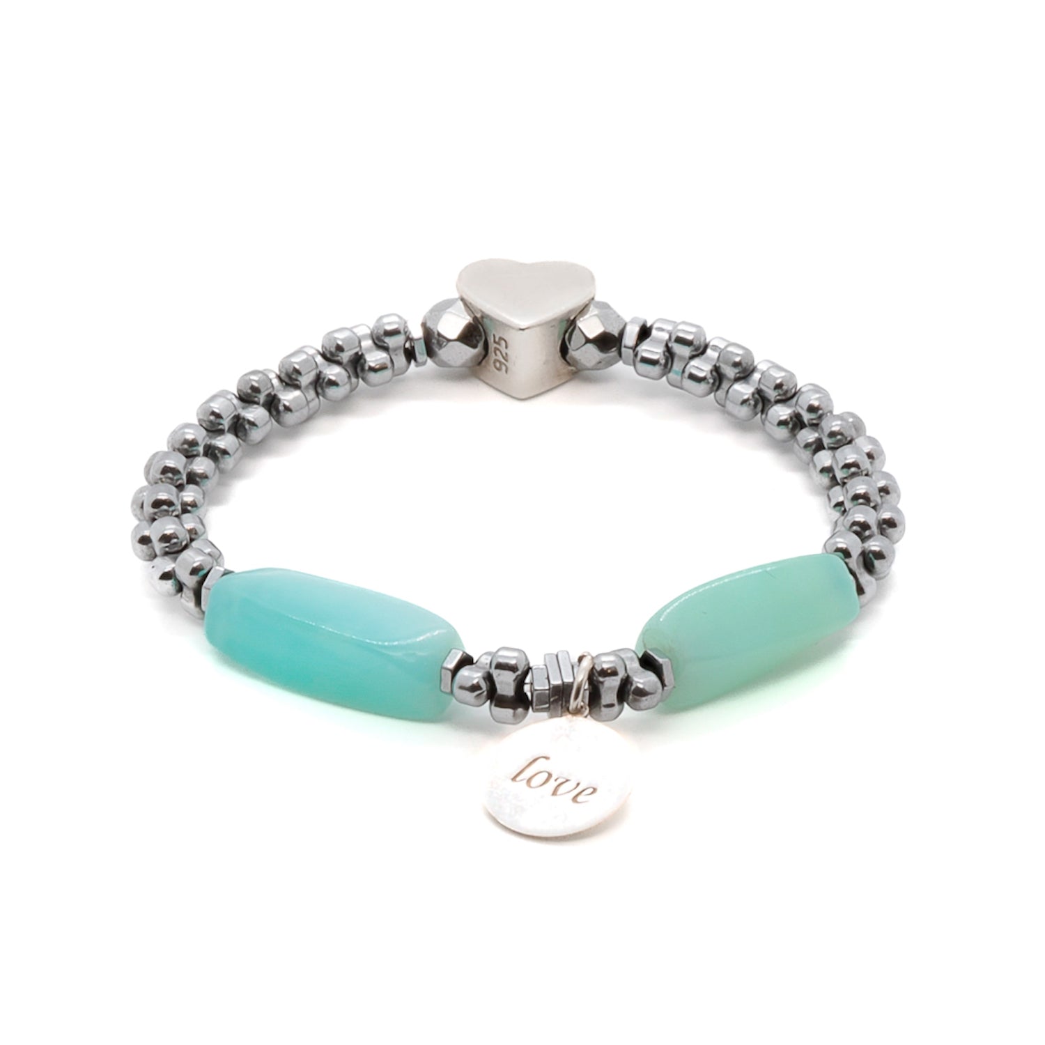 Handmade Aquamarine Bracelet with Love Charm and Protective Hematite Stones