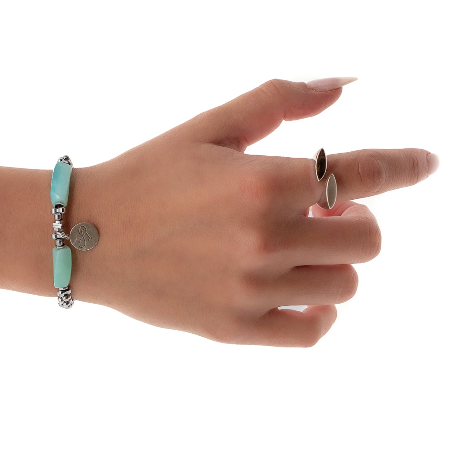 Hand Model Wearing Aquamarine Love Bracelet with Hematite Beads