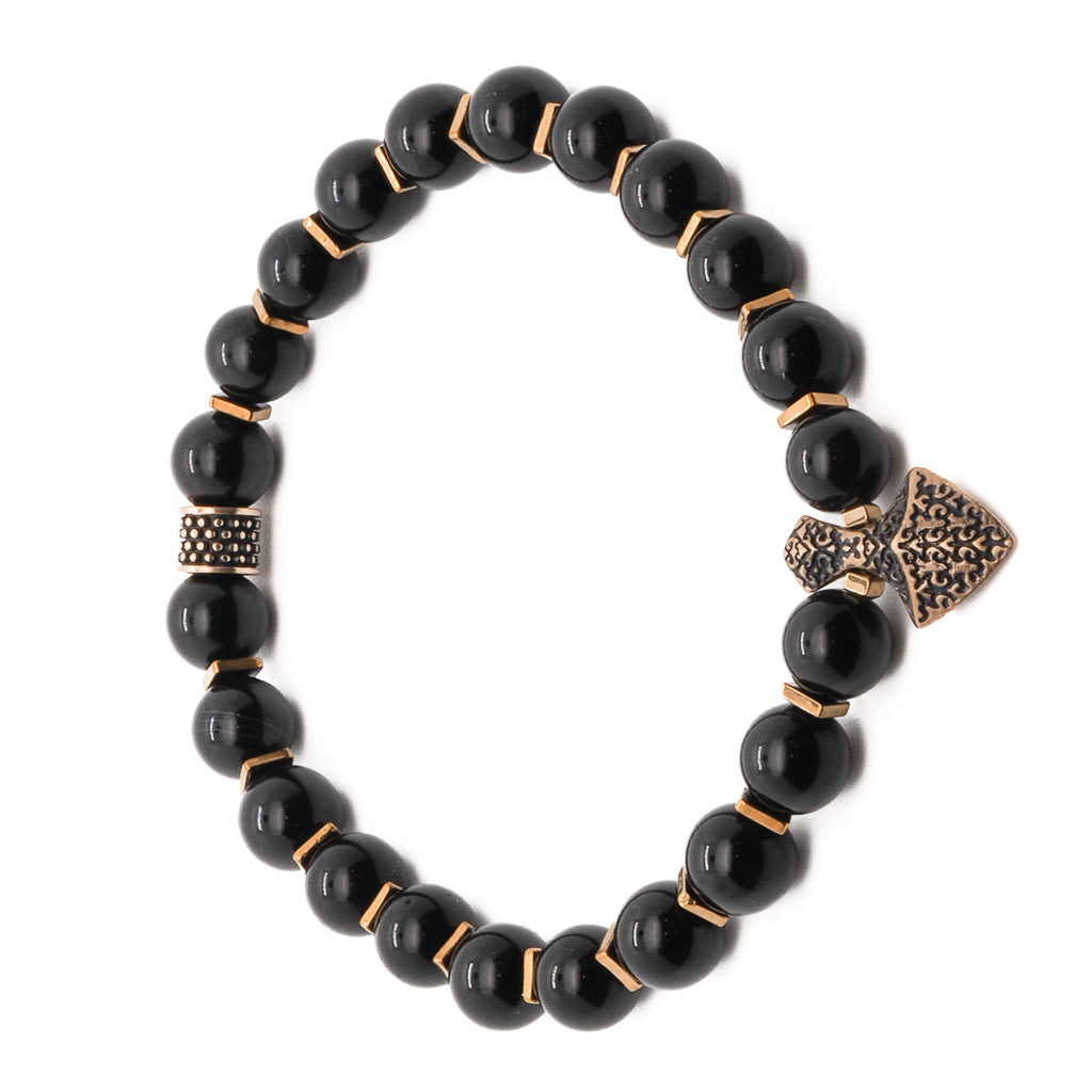 Black Onyx Men&#39;s Bracelet with Bronze Arrowhead Pendant