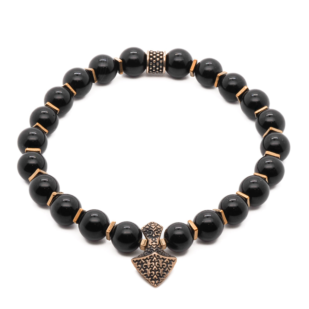 Men&#39;s Black Onyx Beaded Bracelet with Arrowhead Pendant