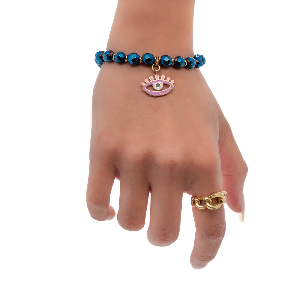 Hand Model Wearing Artemis Bracelet with Enamel Evil Eye Charm