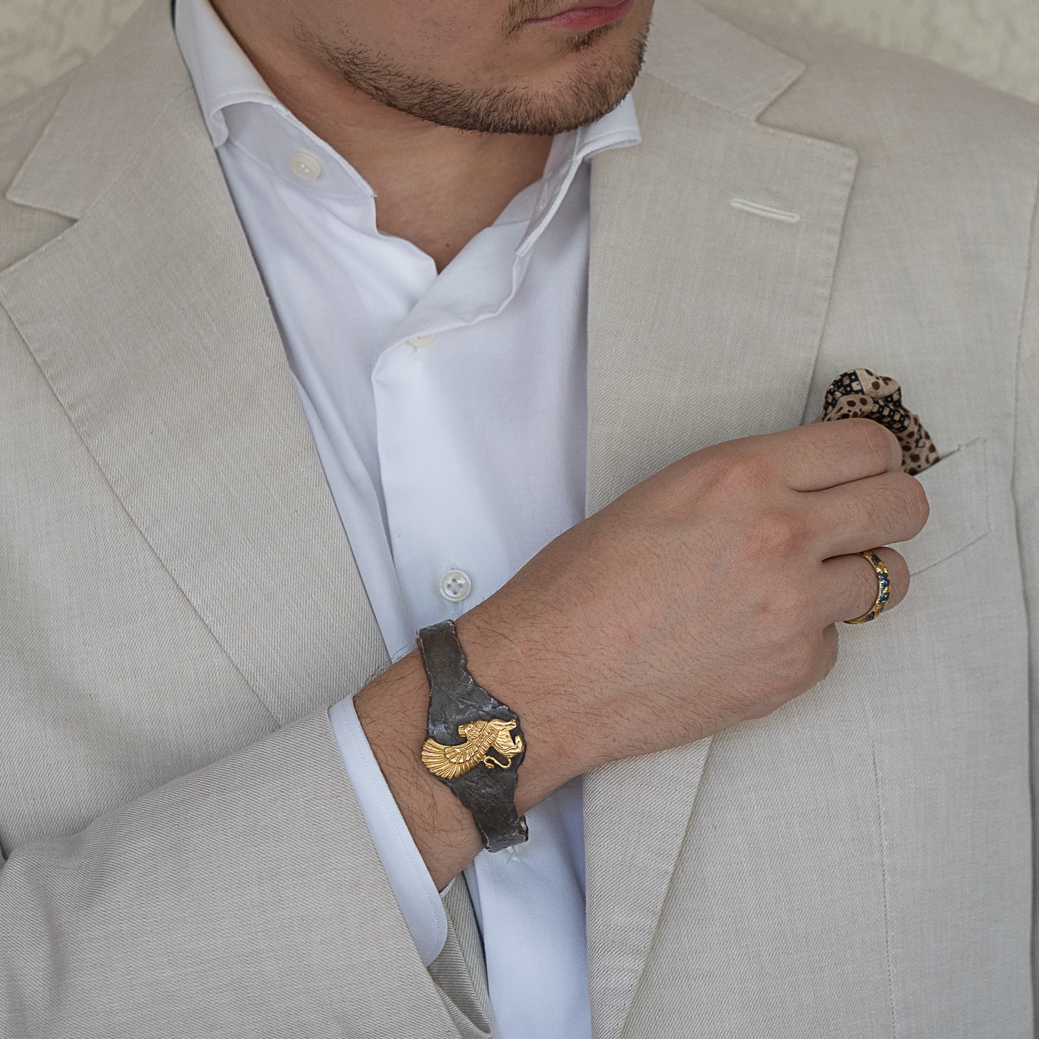 Model Wearing Assyrian Gold Lion Cuff Bracelet in Sterling Silver and 18k Gold