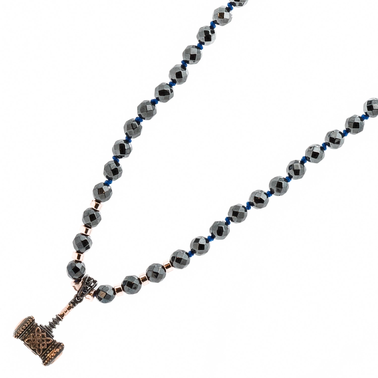 Handmade Hematite Stone Ax Men&#39;s Necklace with Intricate 925 Silver and Gold Plated Pendant