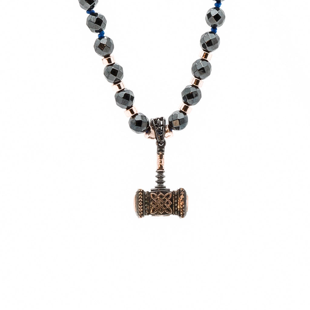 Hematite Stone Beaded Sterling Silver Thor Hammer Pendant Necklace