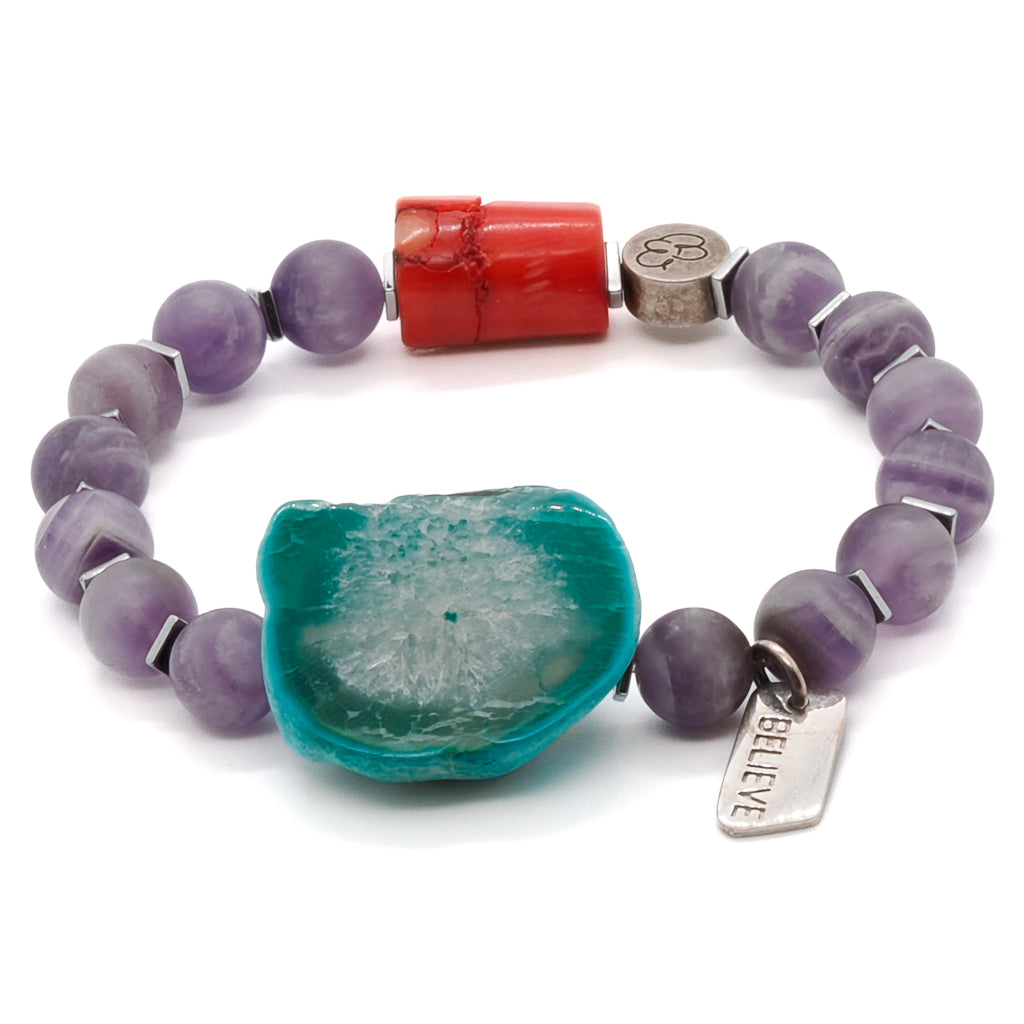The perfect combination of violet amethyst and aqua Amazonite natural stone in the Believe in Magic Bracelet.