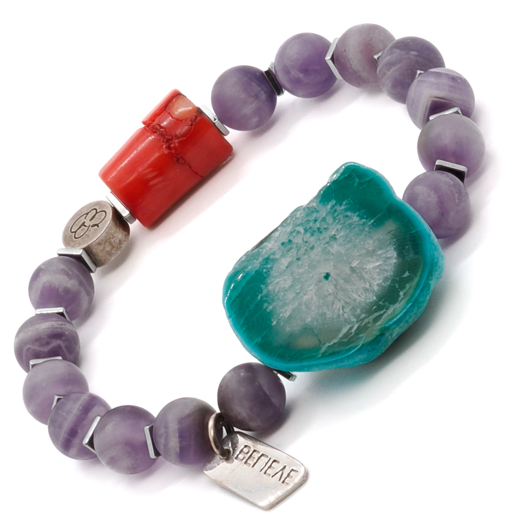 Simple and stylish bracelet featuring violet amethyst and aqua Amazonite natural stone with a silver believe charm.