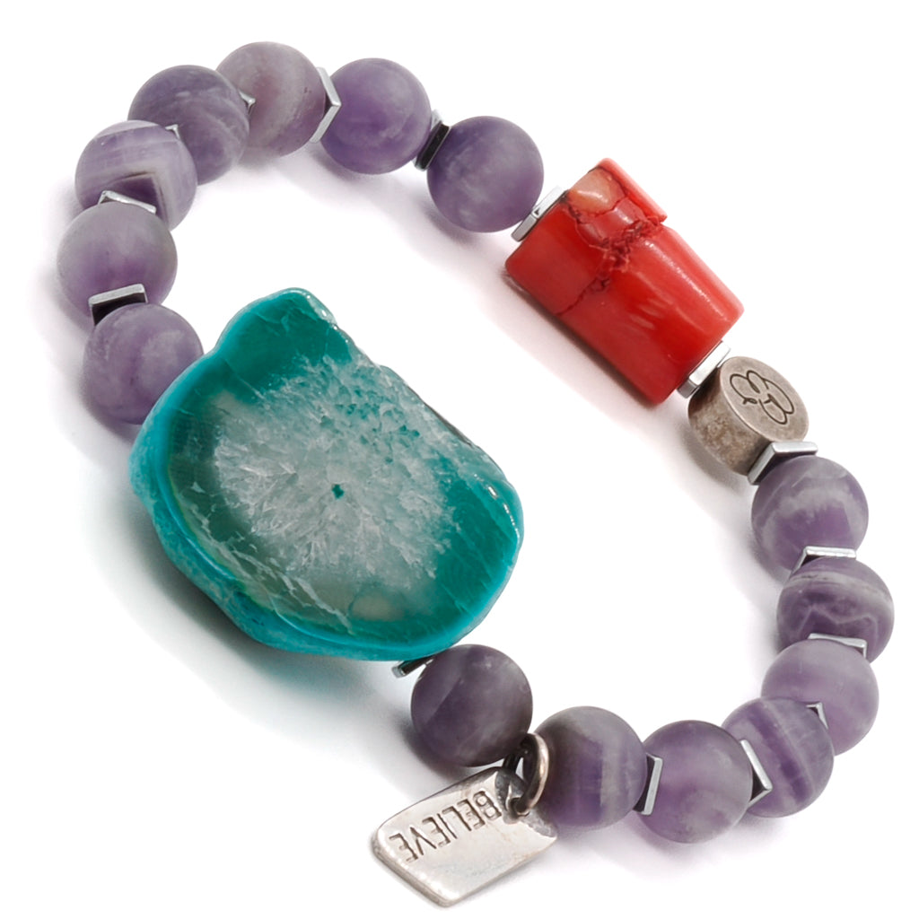 Violet amethyst and aqua Amazonite natural stone bracelet with silver believe charm.