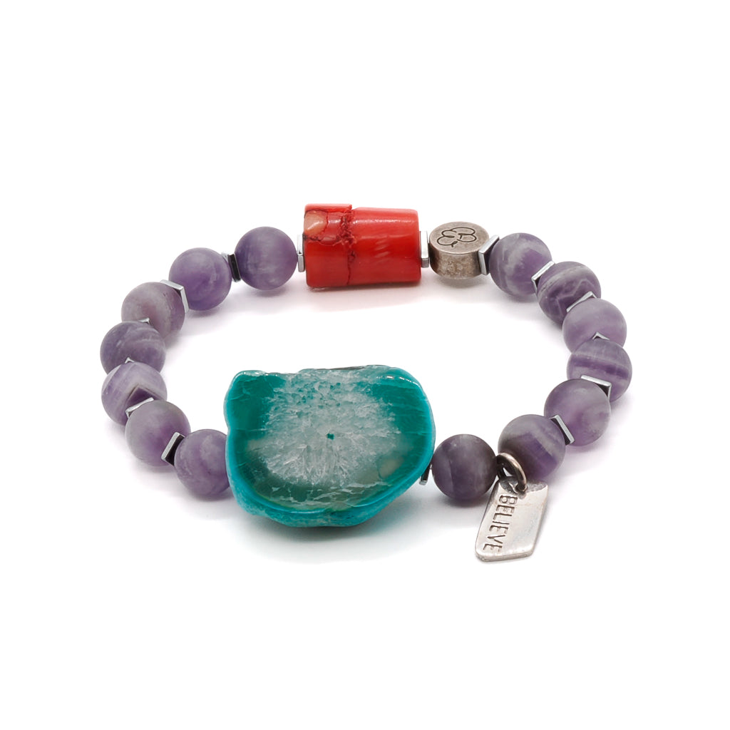Elegant and simple Believe in Magic Bracelet with silver believe charm and large aqua Amazonite natural stone.