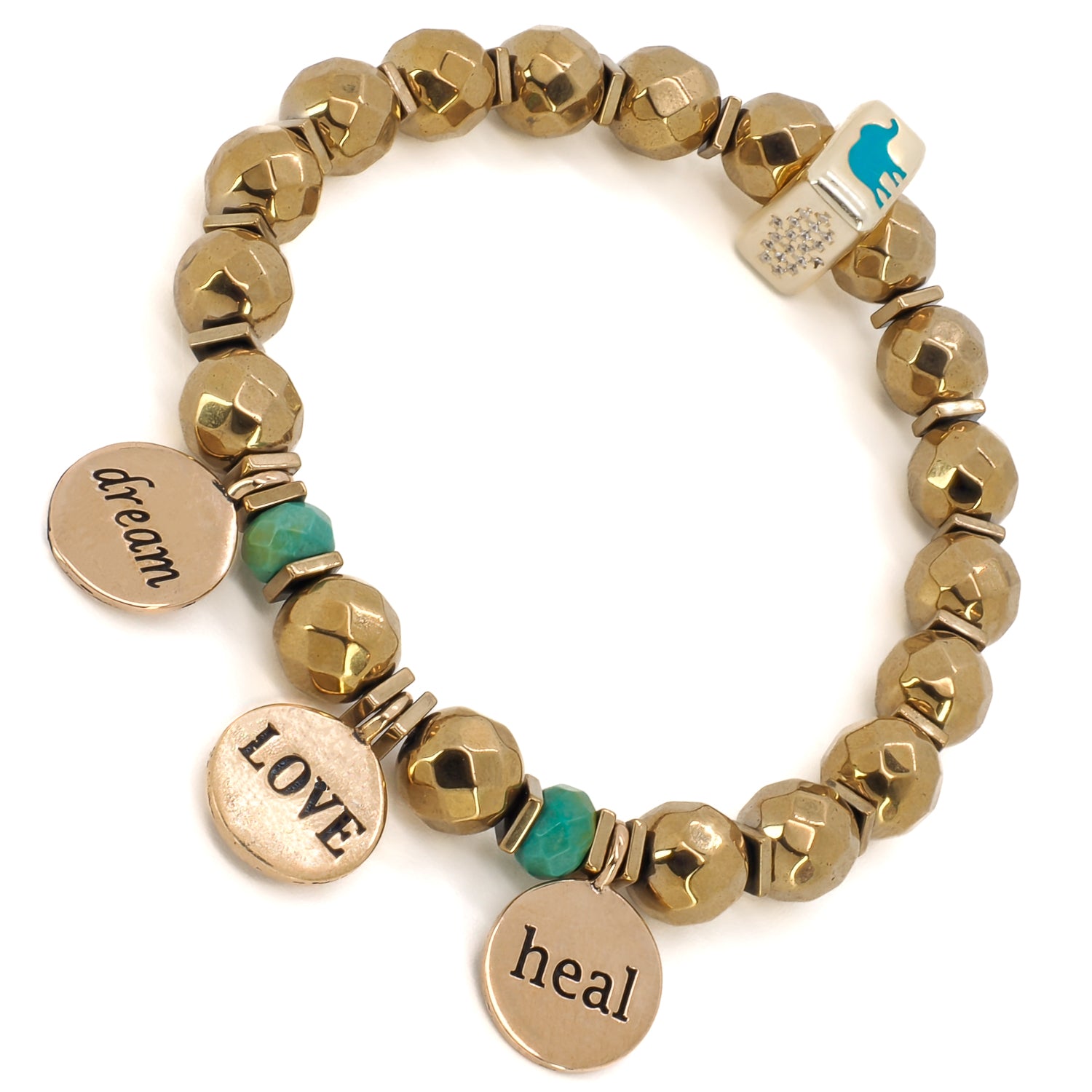 The bronze dream, love, and heal charms add a touch of elegance and meaning to the bracelet.