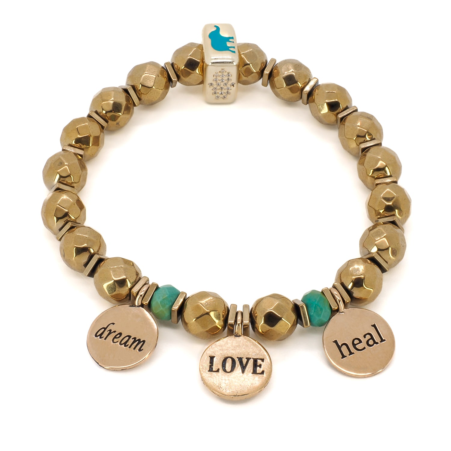The Best Wishes Bracelet is a stunning piece featuring dream, love, and heal letter charms and Hamsa, Evil Eye, and elephant symbols.