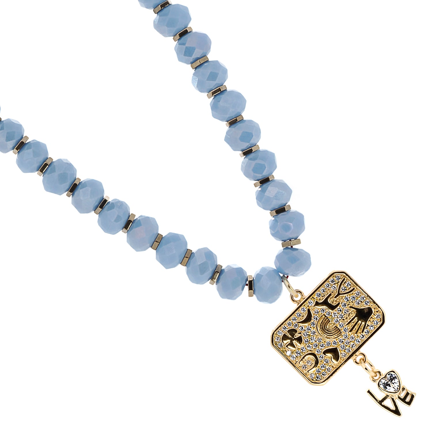 A stunning choker necklace with blue crystal beads and gold hematite spacers.