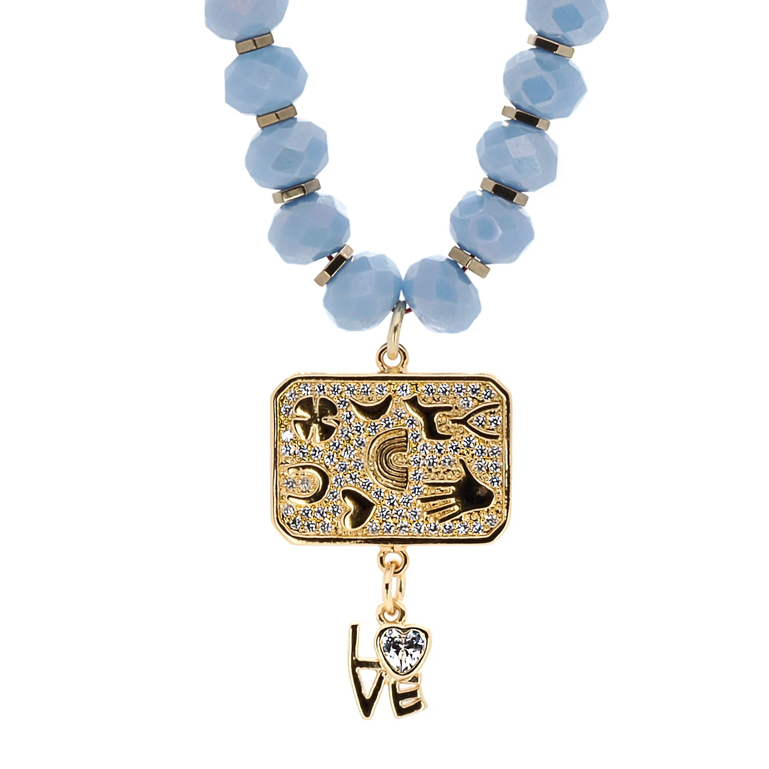 The blue crystal beads add a touch of sophistication to the design.