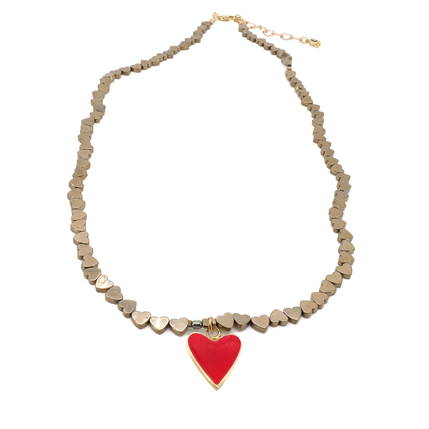 Handcrafted with love, this necklace is made of gold color heart shape hematite stone beads.