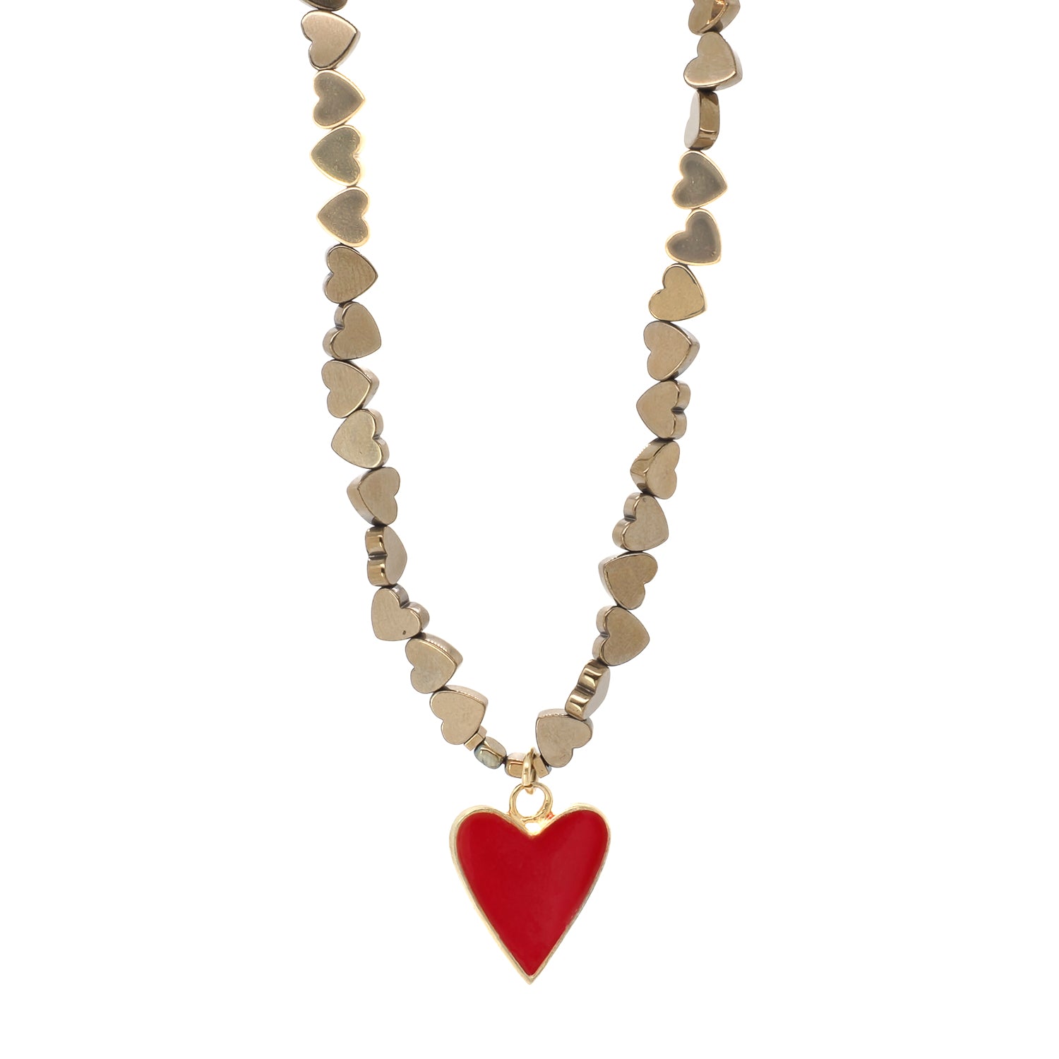 A stylish necklace that combines hematite beads and a sterling silver gold plated heart charm with red enamel.