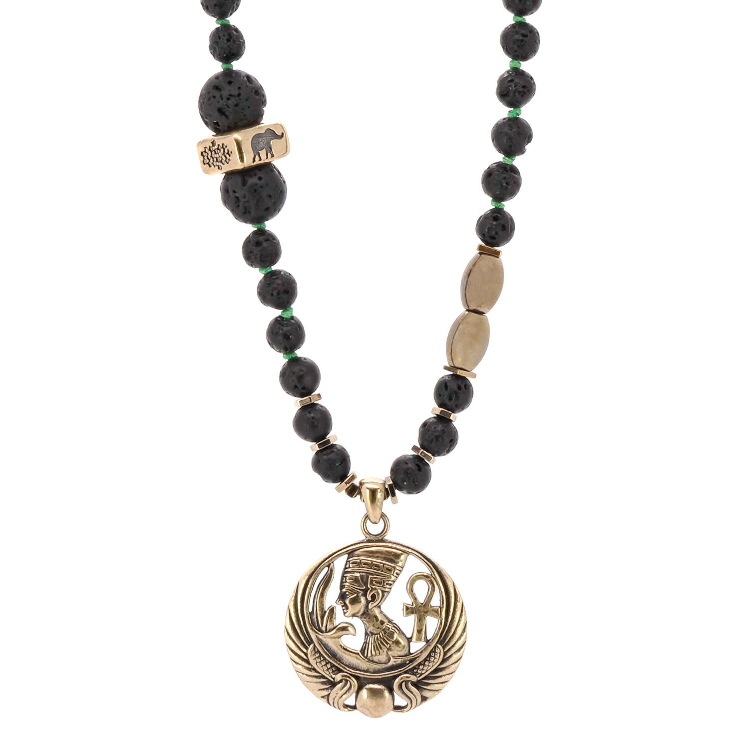 Black Queen Nefertiti Necklace with Nepal Mantra Beads and Hematite Tree of Life Bead
