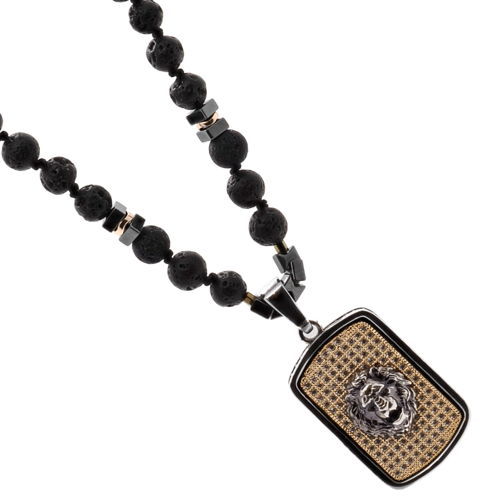 Handmade Black Lion Necklace for Men with Sterling Silver and Gold-Plated Lion Pendant and Black Lava Stone Beads