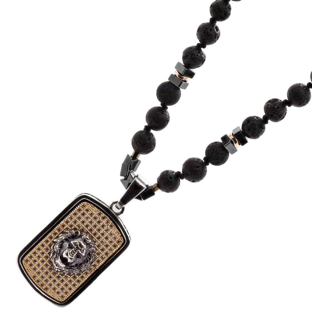 Men&#39;s Black Lion Necklace with Detailed Sterling Silver and Gold Plated Pendant