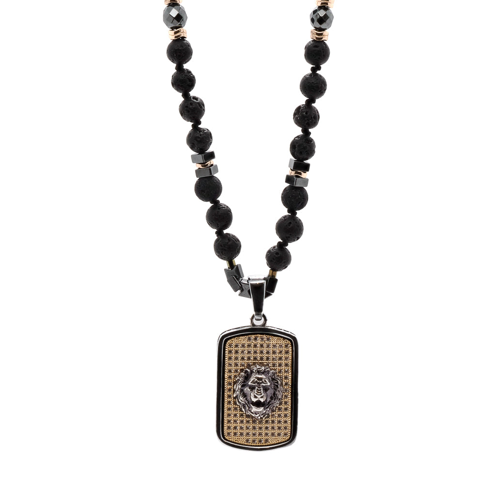 Black Lion Mens Necklace with Sterling Silver and Gold Plated Zircon Lion Pendant