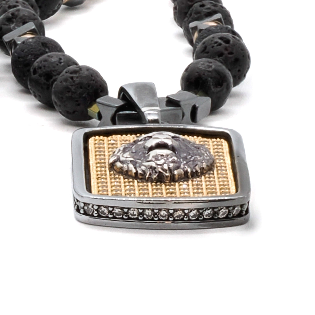 Handmade Black Lava Rock and Hematite Stone Beaded Necklace with Lion Pendant