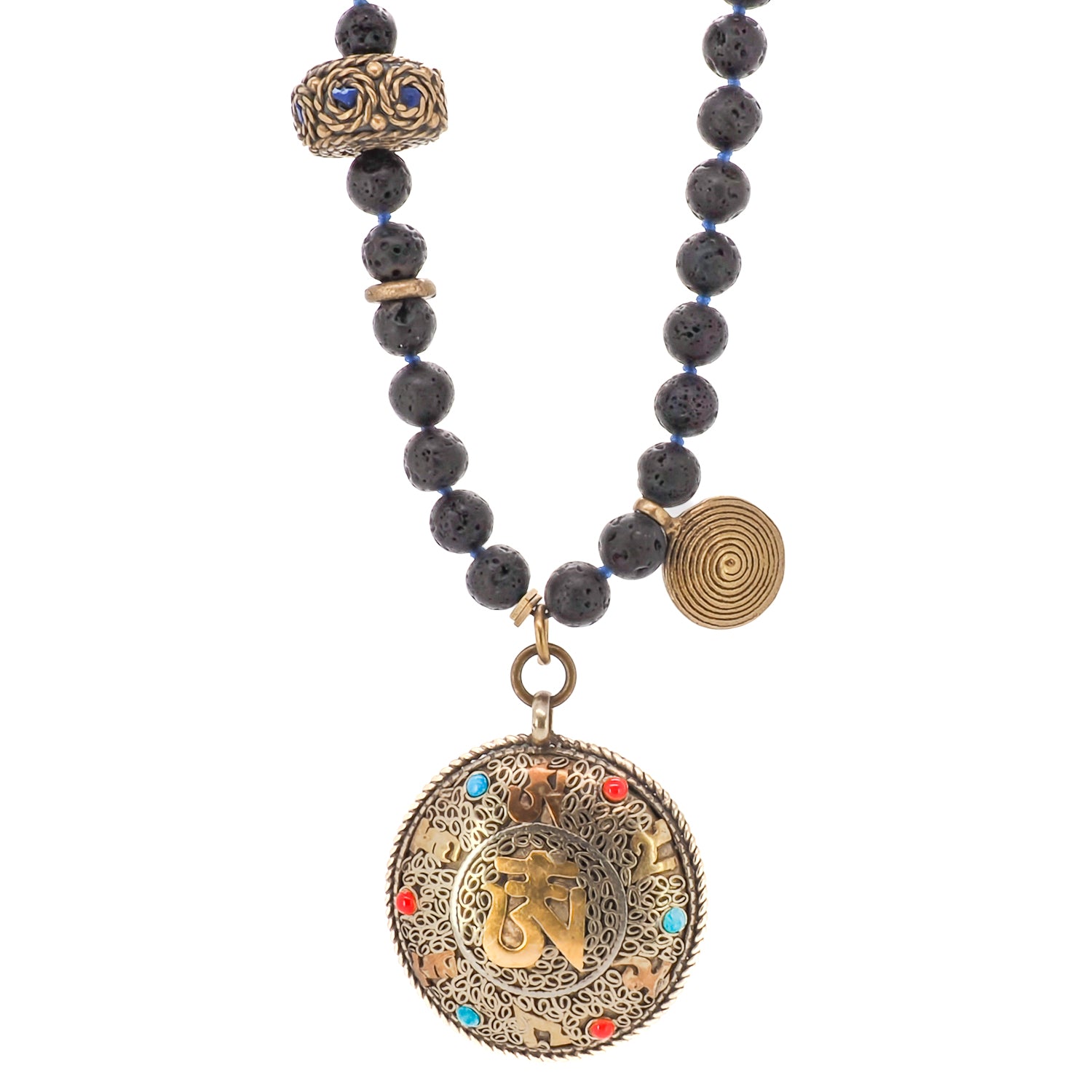 "Black Nepal Om Mala Mantra Necklace" with a beautiful handmade Nepal mantra pendant on a long black lava rock stone bead chain.