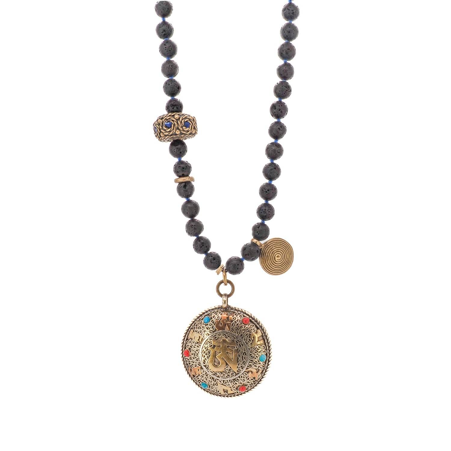 Black Nepal Om Mala Mantra Necklace: Handcrafted with Natural Lava Rock Stone Beads