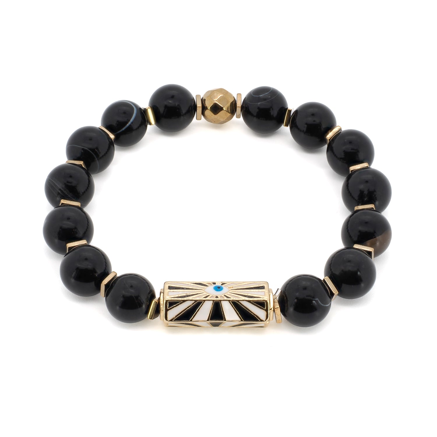 Black Onyx Evil Eye Bracelet with Gold Beads