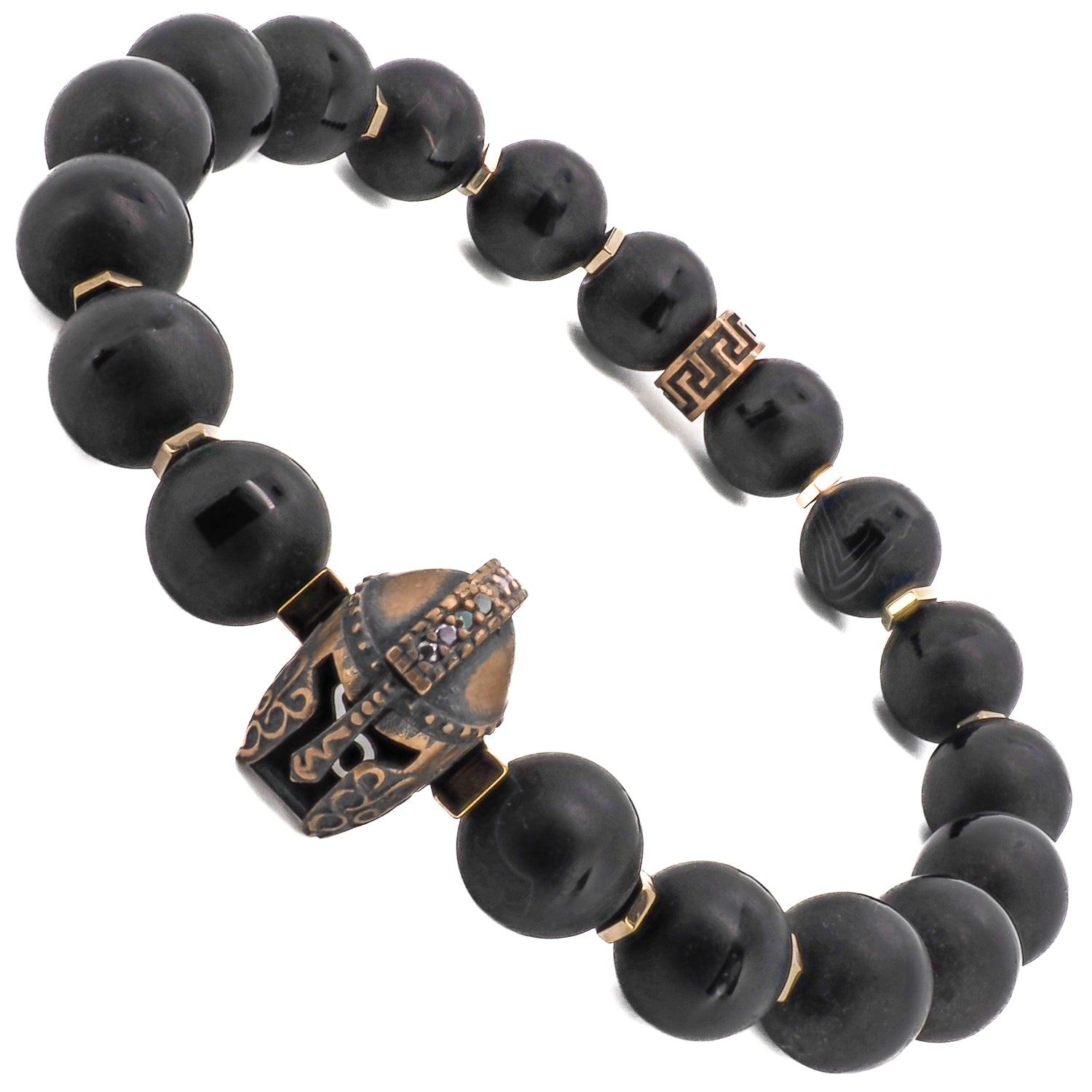 The combination of black onyx stone beads and a bronze gladiator helmet bead makes this bracelet both manly and stylish.