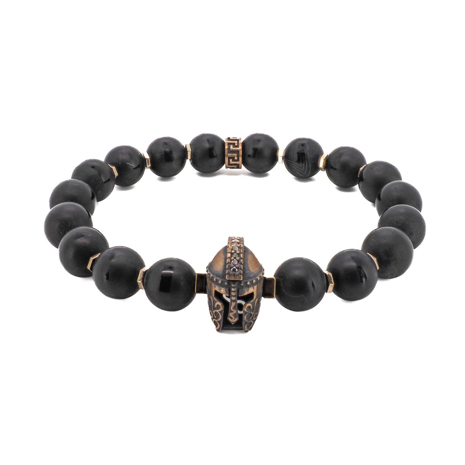 Black Onyx Gladiator Bracelet featuring a bronze gladiator helmet bead and black onyx stone beads.