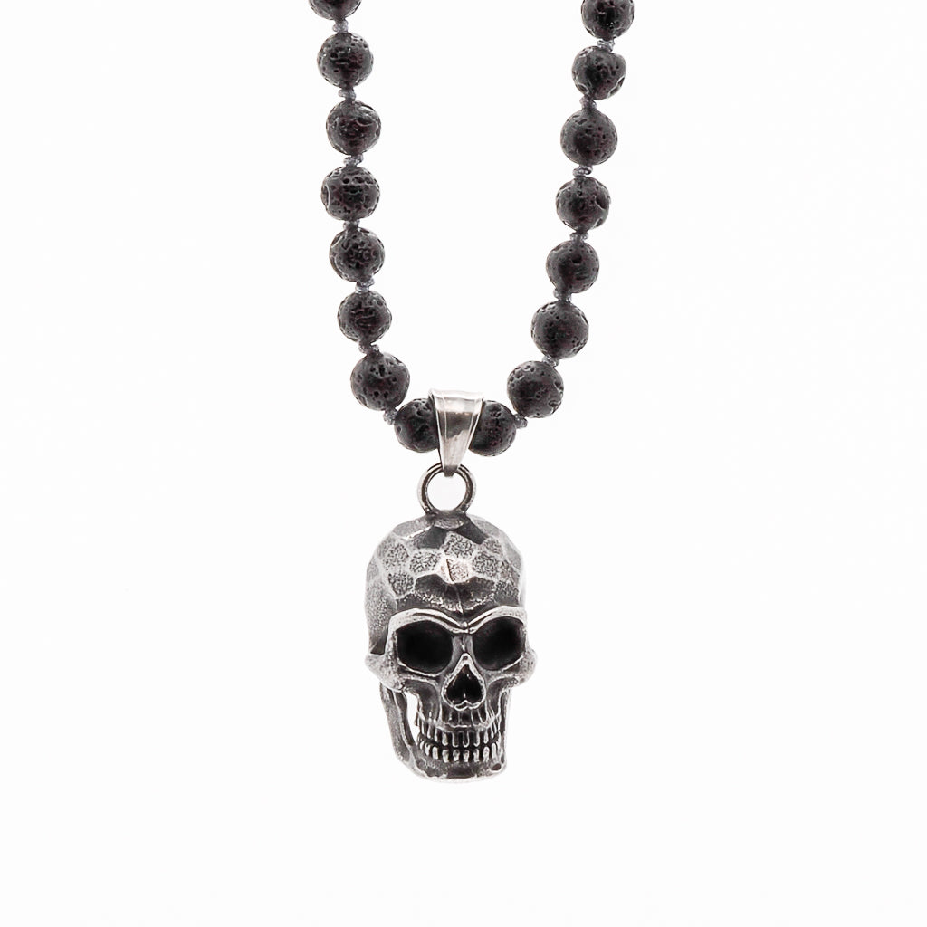 Black Power Skull Necklace with Lava Rock and Hematite Beads