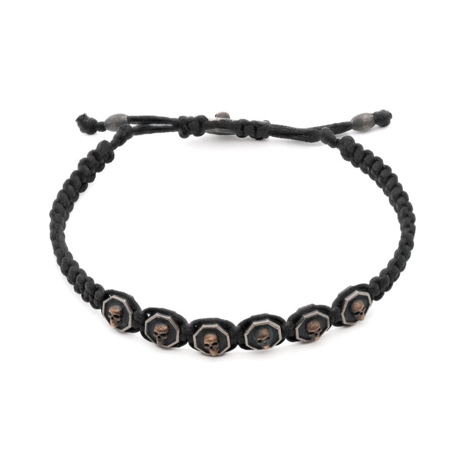 Black Skull Men Woven Bracelet with silver and bronze skull charms on black rope