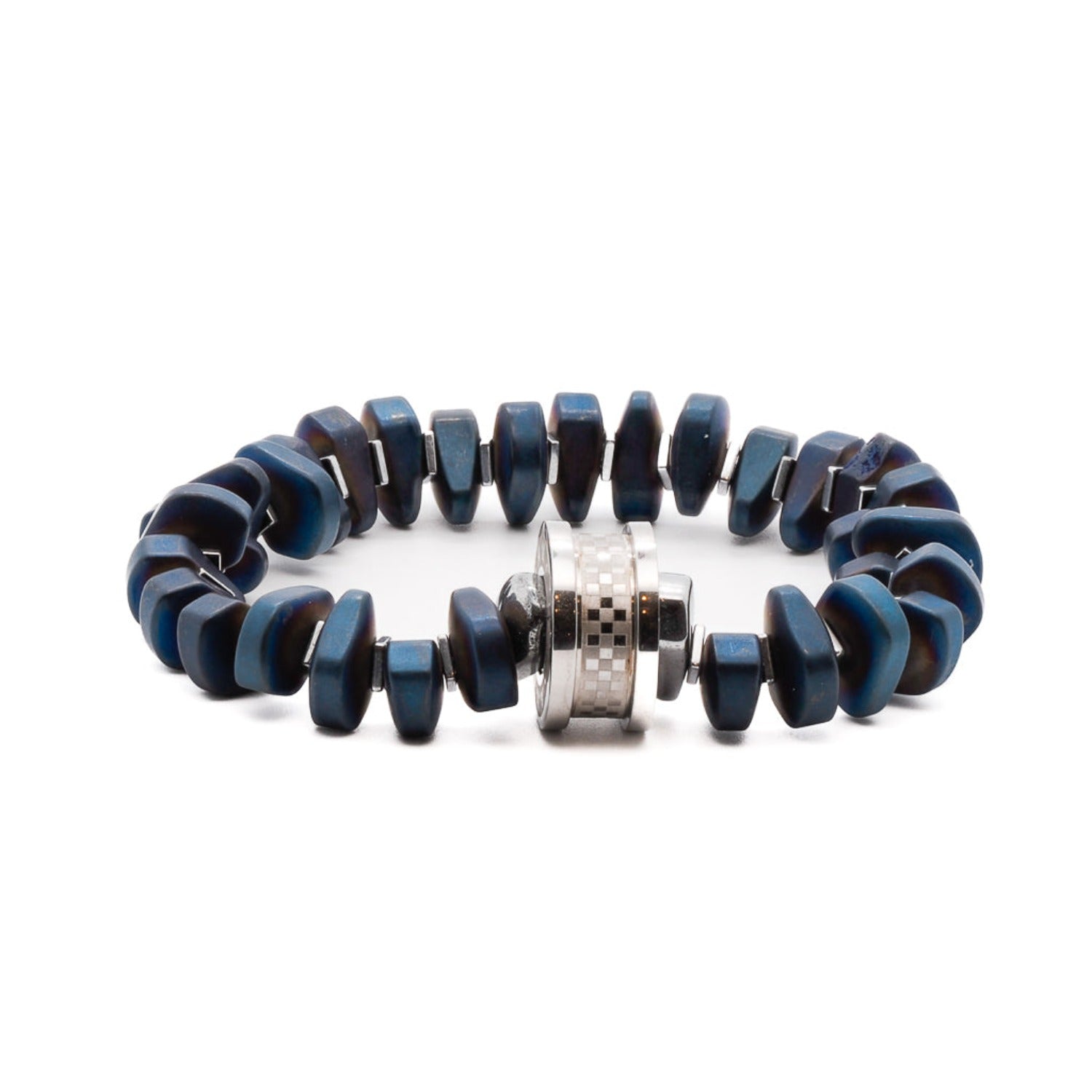 The Blue Amour Men Bracelet, featuring blue hematite nugget beads and a stainless steel amour charm