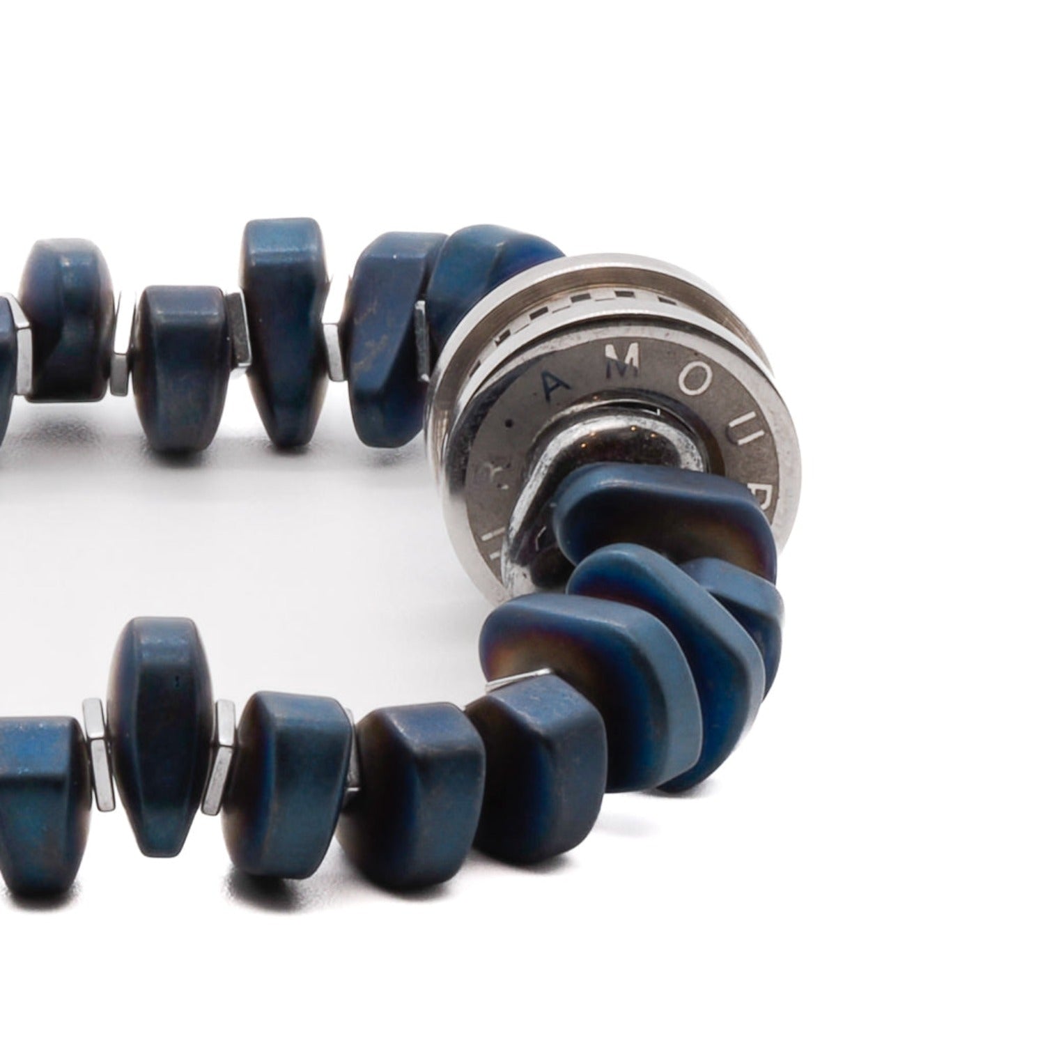 A close-up of the blue hematite nugget beads on the Blue Amour Men Bracelet