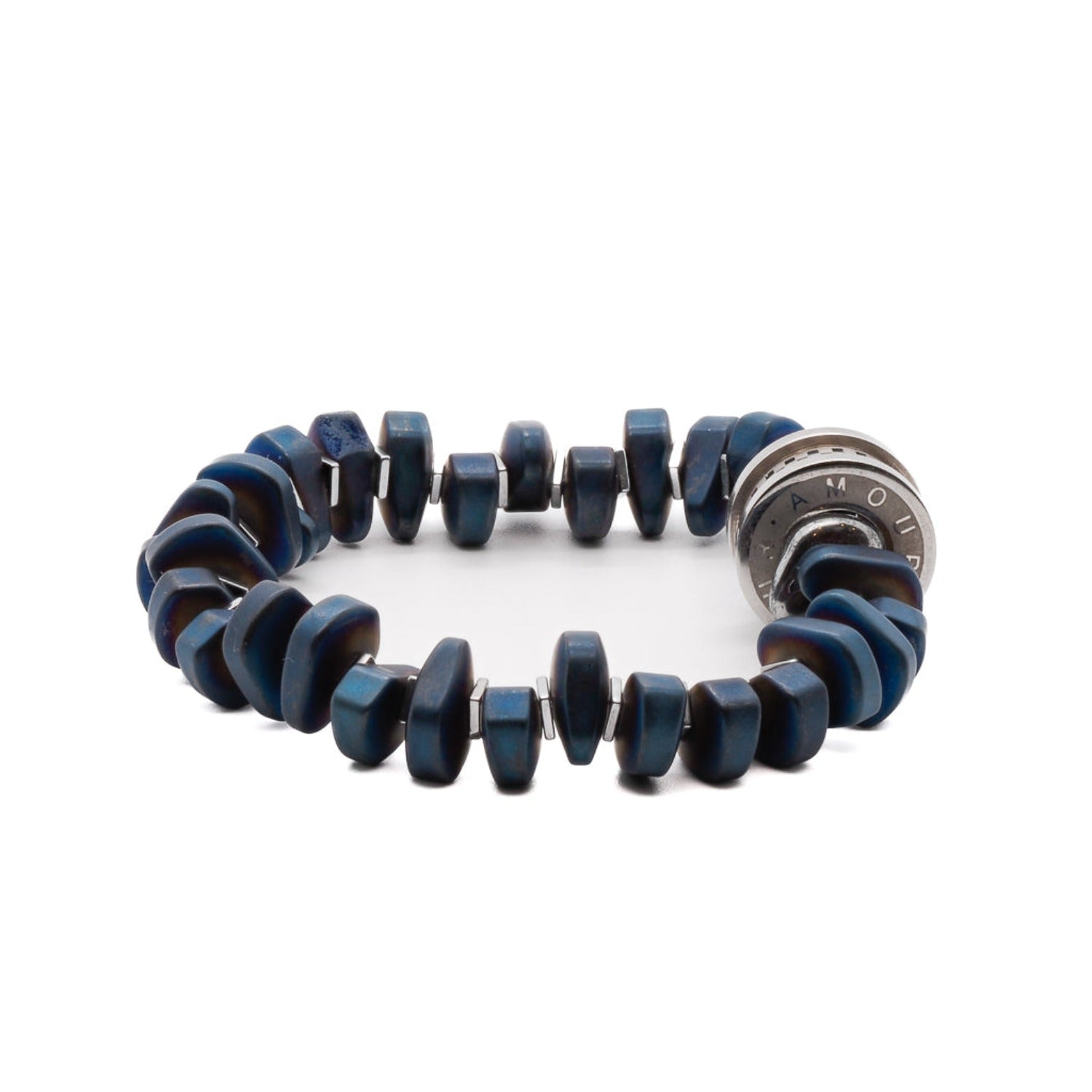 A side view of the stretchy high-quality jewelry cord of the Blue Amour Men Bracelet