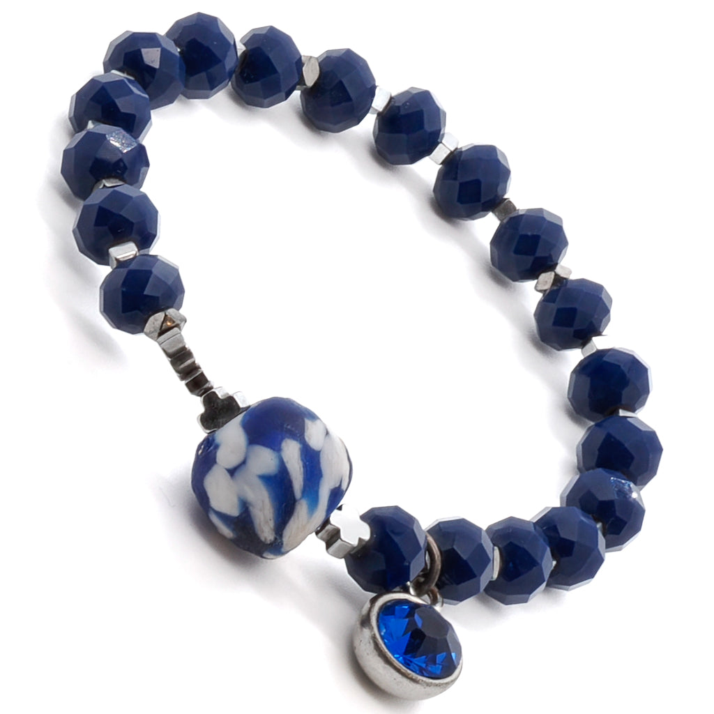 Elegant Blue Crystal Bracelet with a Blue and White Nepal Bead