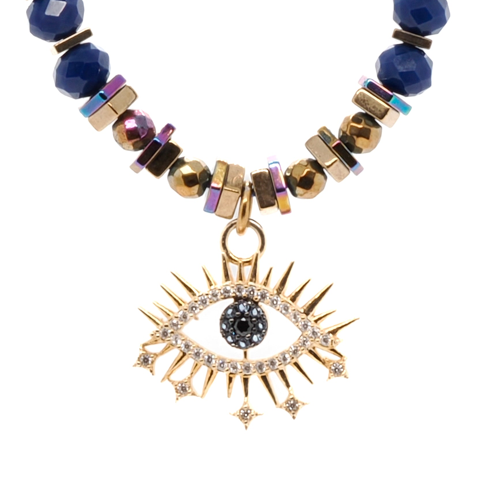 Multicolor Hematite Accents Add Playful Charm to Blue Evil Eye Necklace
