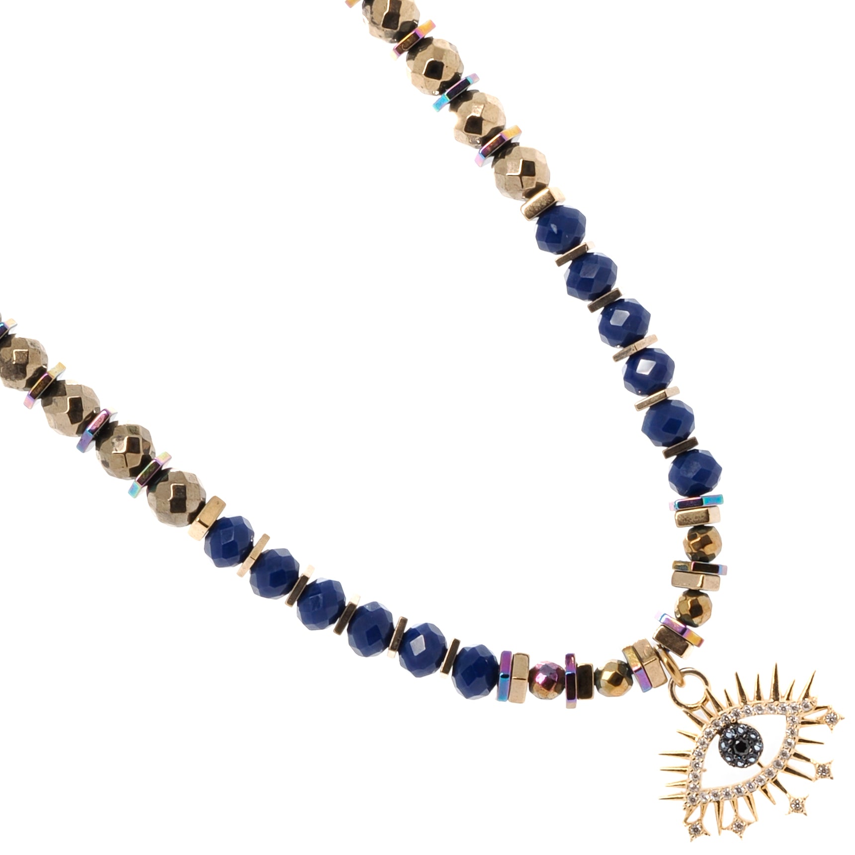 Blue Eye Necklace with Multicolor Hematite Spacers for Positive Energy