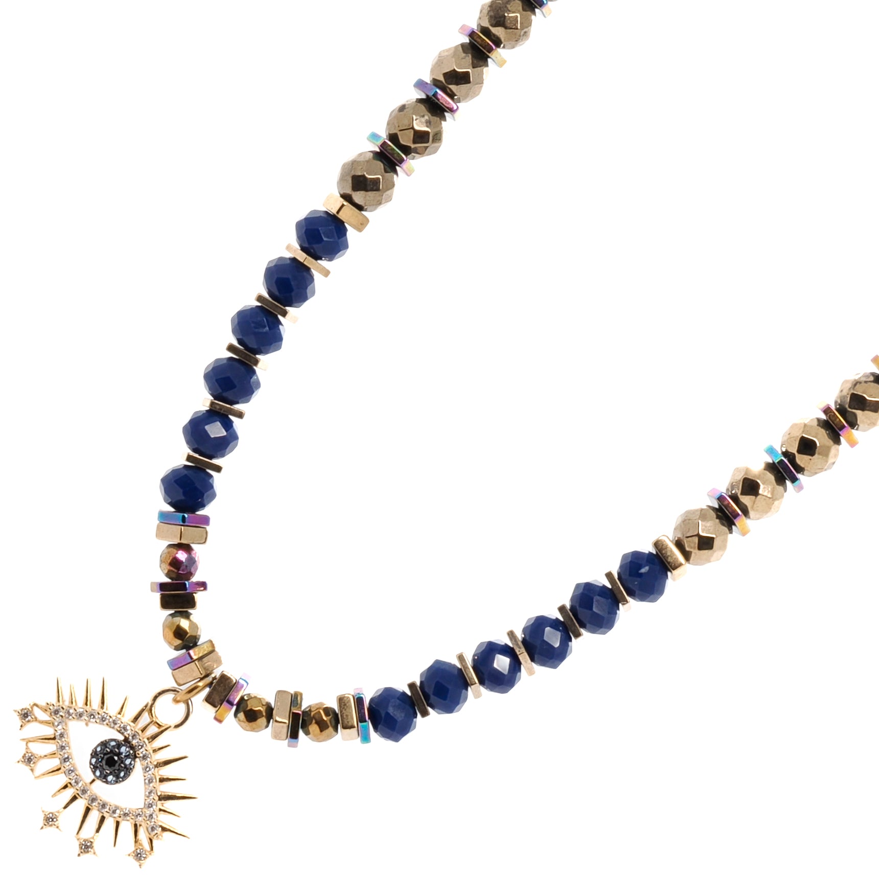 Elegant Blue Crystal Necklace with Gold Vermeil Evil Eye Pendant